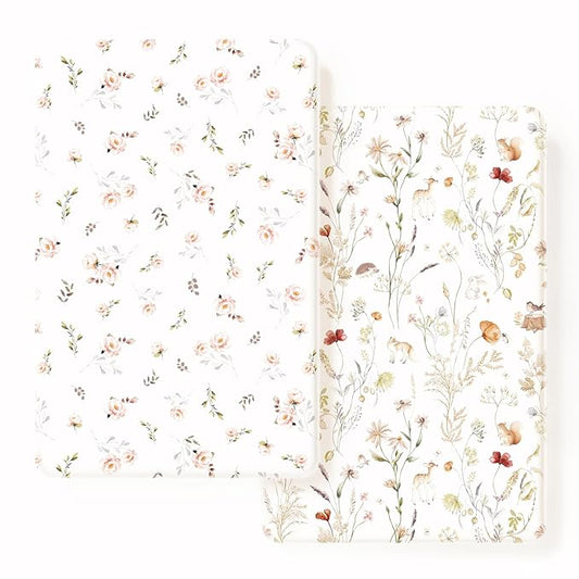 GRSSDER Stretchy Ultra Soft Jersey Knit Pack and Play Sheets 2 Pack, Portable/Mini Crib Sheets Universal Fitted for Playpen Mattress Safe and Snug, Beautiful Pink Floral and Cute Animals Print