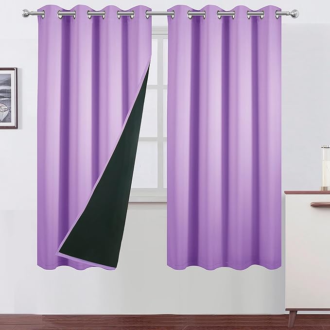LEMOMO 100% Blackout Curtains 52 x 72 Inch/Lavender Curtains 2 Panels with Black Lining Room Darkening Thermal Insulated Bedroom Curtains
