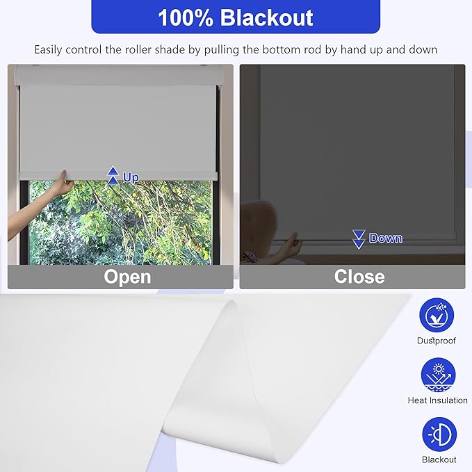 Allesin 100% Blackout Cordless Roller Shades for Windows, Free-Stop Shades, Thermal Insulated, UV Protection, Waterproof Fabric, Easy to Install for Home, Office, Bathroom (White 33 x 72)