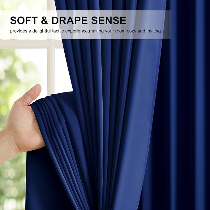 NICETOWN Navy Blue 100% Blackout Curtains for Bedroom, 52x84 Inches Set of 5 for Living Room, Rod Pocket Back Tab & Noise Reducing Drapes Black Lined Insulated Window Treatment Panels