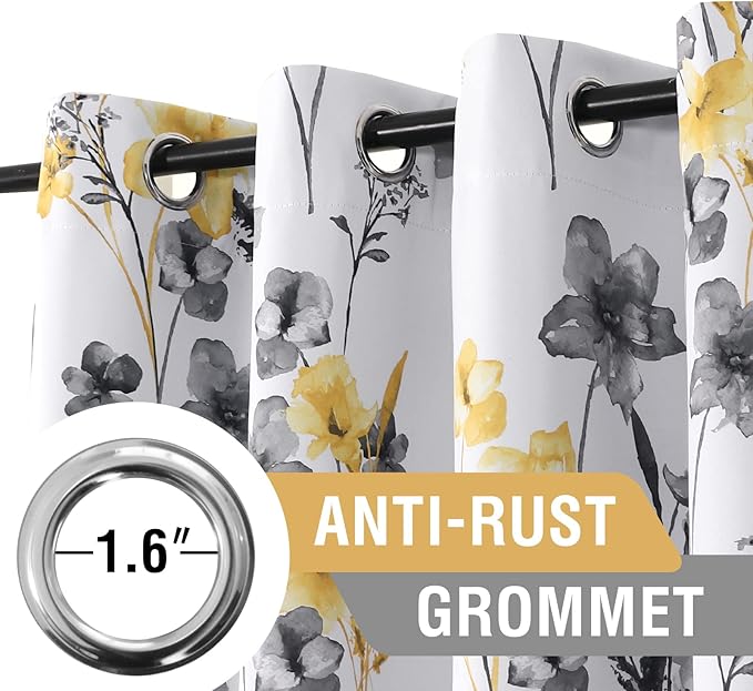 H.VERSAILTEX 100% Blackout Curtains 108 inch Length 2 Panels Set Cattleya Floral Printed Drapes Leah Floral Thermal Curtains for Bedroom with Black Liner Sound Proof Curtains, Grey and Yellow