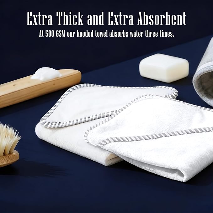 2 Pack Baby Bath Towel - Rayon Made from Bamboo, Ultra Absorbent - Ultra Soft Hooded Towels for Boy and Girl (White and Stripe, 30 x 30 Inch)