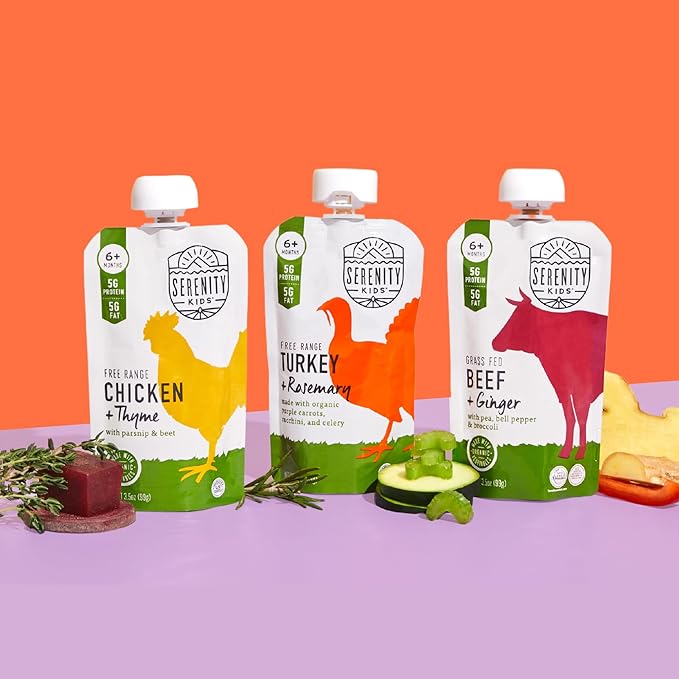 Serenity Kids 6+ Months Baby Food Pouches - Nutrient-Packed Organic Baby Food - Savory Meat & Herb Puree - Protein Pouches with 5g Protein for Toddler Snacks - 3.5 Oz, 6 Pack