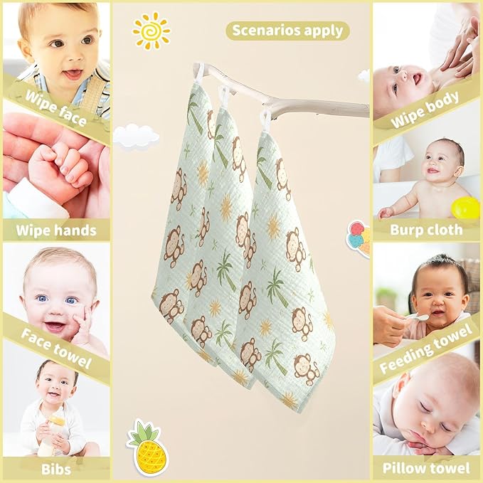 vvfelixl Cute Monkey Coconut Trees Baby Burp Cloths Baby Muslin Washcloths for Boys Girls Cotton Babys Face Towel for Newborn Infants Soft and Absorbent 11.8 X 11.8 in, 5 Pack