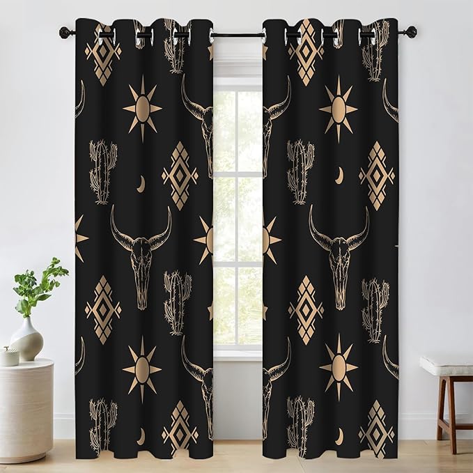 Western Cow Skull Curtains, Black Gold West Aztec Blackout Curtains Room Darkening Grommets Western Drapes, Window Curtains for Living Room Bedroom Decor 2 Panels 52x84 Inch