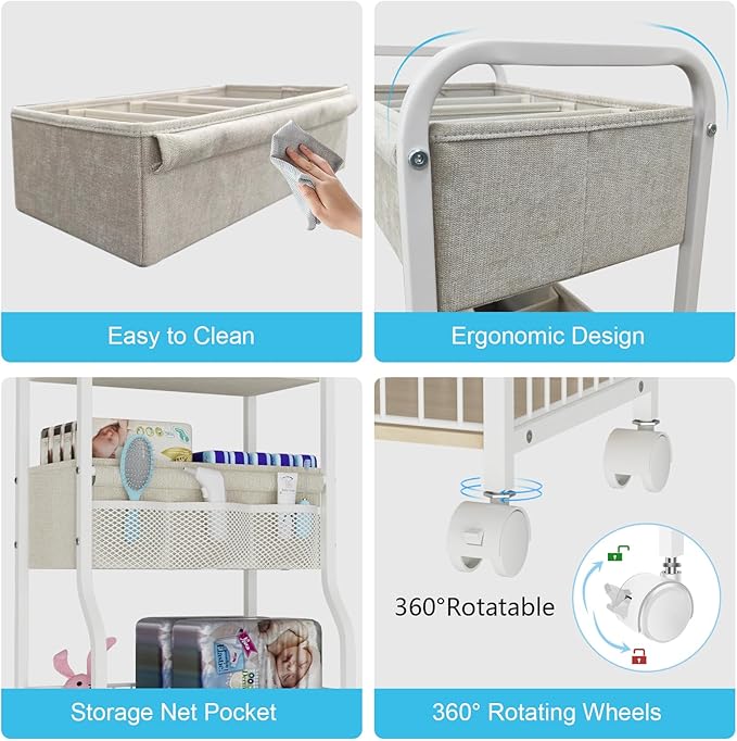 3-tier Baby Diaper Caddy Organizer and Storage Cart with 4+3 Dividers, Metal Utility Cart with Lockable Wheels for Nursery, Bedroom, Bathroom, White