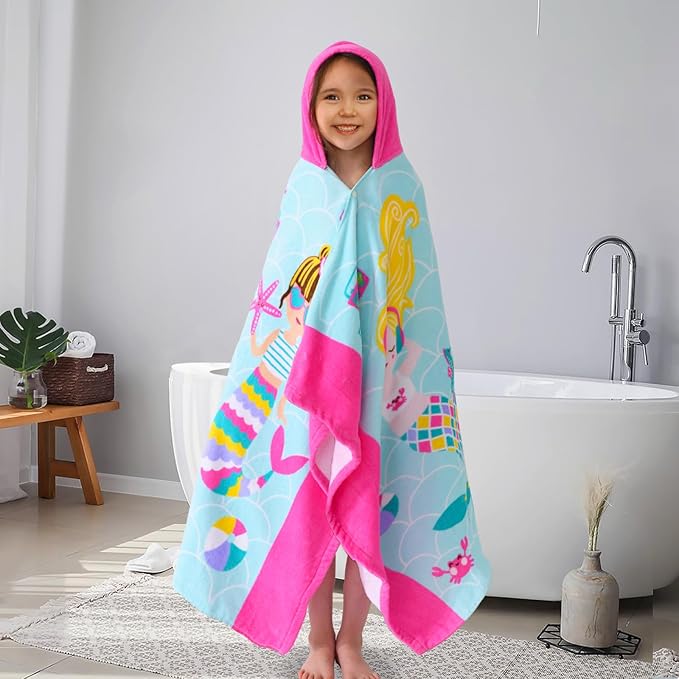 VOOVA & MOVAS Kids Hooded Beach Towel Age 3-8, 30''X50,Soft | Thick | Large | 100% Cotton,Absorbent Beach, Bath, Pool Towels Wrap for Girls, Sea Mermaid