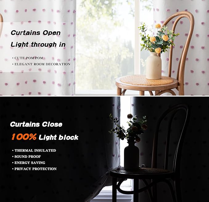 MYSKY HOME 100% Blackout Curtains for Girls Bedroom 63 Inch Long Purple Pom Pom Curtains for Kids Room 2 Panels Room Darkening Window Treatment 2 Layered Drapes Toddler Grommet 52W x 63L