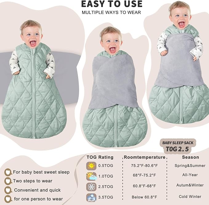 BSTOPPT Newborn Sleep Sack Baby Swaddle,3-Way Adjustable Wearable Blanket,Swaddling Sleeping Bag,TOG 2.5 (Green, 0-3 Months)