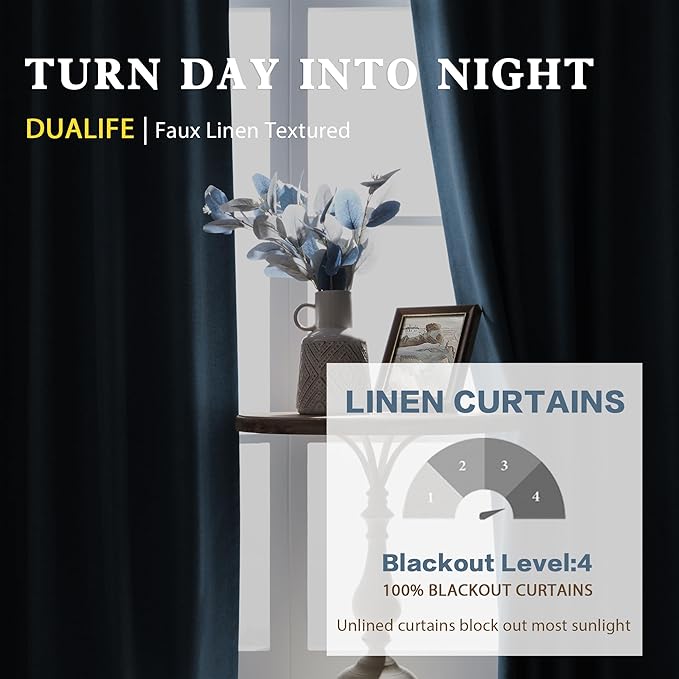Extra Long 132 Inch Linen Blackout Curtains 2 Panels,Floor to Ceiling Pleated Curtains Rod Pocket/Back Tab/Hook Belt Full Light Blocking Tall Curtains for Sliding Glass Door, 50 Wide 11 FT,Blue