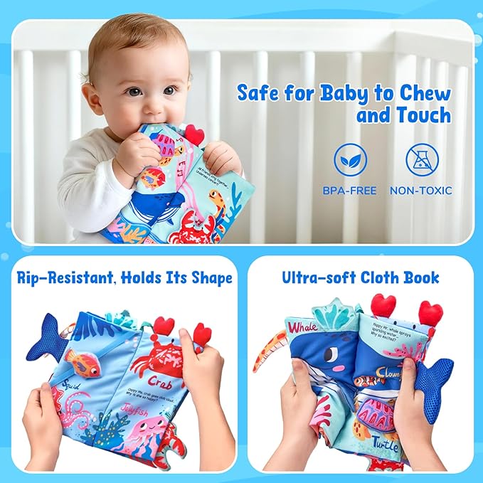 JoyCat Baby Books 0-6-12 Months - Ocean Tummy Time Toys Mirror - Montessori Sensory Activity Cloth Book with 3D Crab & Fish - Newborn Valentine Easter Basket Stuffers
