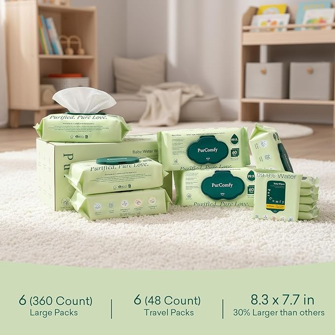 PurComfy Baby Wipes Unscented, 6 Flip-Top Packs + 6 Travel Pack 99.9% Water Wipes with Plant Based, Hypoallergenic for Sensitive Newborn Skin, Total 408 Count Wet Wipes