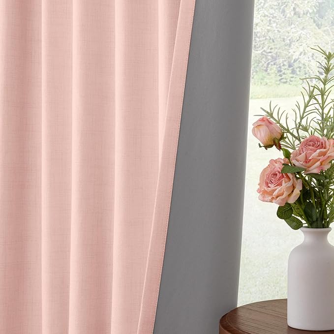INOVADAY 100% Blackout Curtains for Bedroom, Black Out Curtains 72 Inch Long, Clip Rings Linen Blackout Drapes, Thermal Insulated Room Darkening for Living Room, 2 Panel - Blush Pink,W50xL72