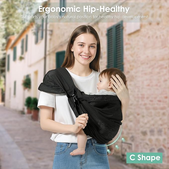 Baby Sling Carrier, Toddler Sling Carrier with Wide Shoulder Strap, Lightweight Baby Carriers Newborn to Toddler Infant Wrap Carriers Perfect for Mom and Dad, 7-30lbs, Black Mesh