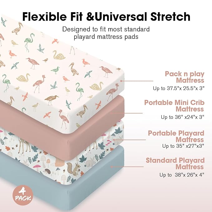Bimocosy Pack and Play Sheets Fitted 4 Pack, 38 x 26 Inch Pack n Play Mini Crib Sheets for Boys and Girls, Soft Stretchy Playard Mattress Sheets for Graco Pack n Play, Forest Friends