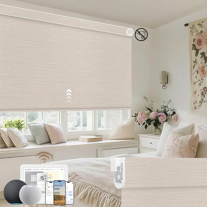 Kincmo No Drill Motorized Blinds with Remote, 100% Blackout Roller Shades for Windows, Custom Electric Blinds Compatible with Alexa, Apple Homekit, Google Home (100% Blackout Weave Beige)