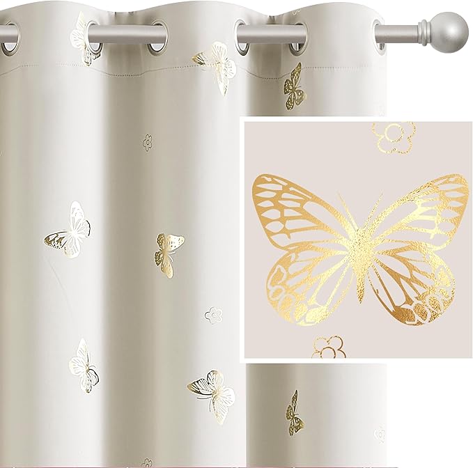 Jubilantex Ivory Gold Butterfly Blackout Curtains 84 Inches Long with Black Layer Thermal Insulated Window Curtains Grommet Top for Bedroom Girls Room