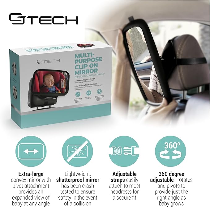 Baby Car Mirror with 360° Rotation - 9.8" Convex Shatterproof Mirror for Baby Safety with Extra Wide & Clear View - Car Seat Rear Facing with Adjustable Straps