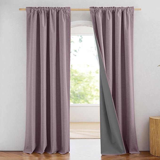 NICETOWN Chaise Mauve Vintage Linen 100% Blackout Curtains for Living Room, Thermal Insulated Curtains 84" Long, 52" Wide Per Panel, Set of 2, Noise Reducing Window Treatment Drapes for Hall Room