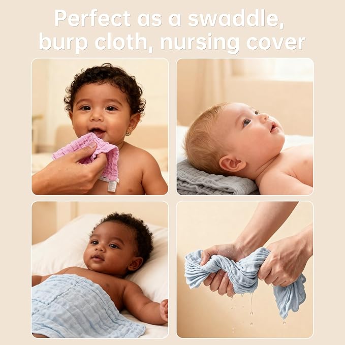 Bear Rocket Organic Muslin Baby Washcloths 6 Pack Baby Bath Face Towel 12x12 Inch Extra Absorbent and Soft Burp Cloth and Wash Cloths for Newborn-Infants On Sensitive Skin (Grey Pink Blue)