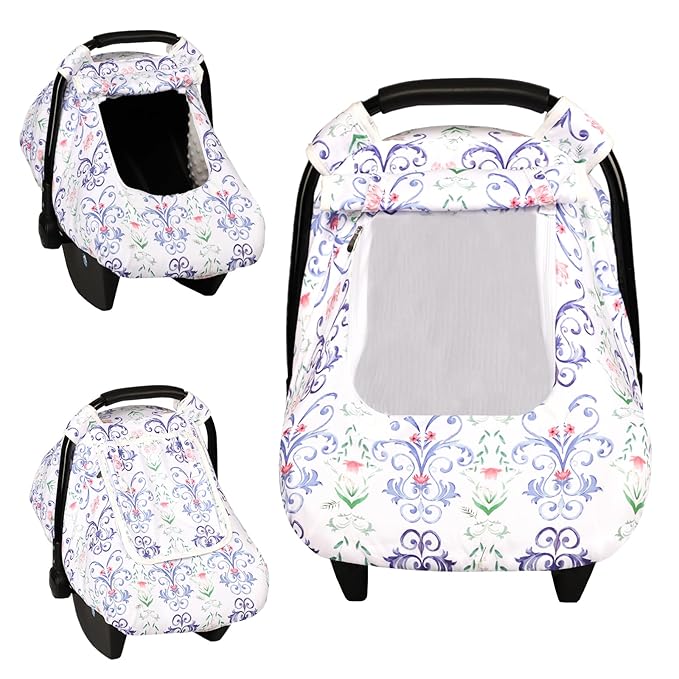 Car Seat Cover Baby, Infant Car Seat Covers Canopy for Baby Girl Boy, Cozy & Windproof Newborn Carseat Covers Minky Dot Backing Stroller Cover with Breathable Mesh Window, Blue Floral