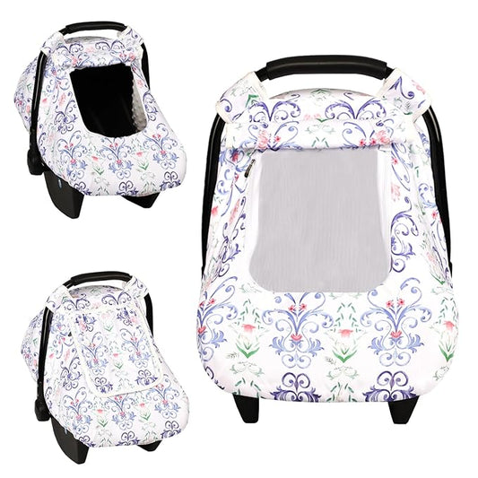 Car Seat Cover Baby, Infant Car Seat Covers Canopy for Baby Girl Boy, Cozy & Windproof Newborn Carseat Covers Minky Dot Backing Stroller Cover with Breathable Mesh Window, Blue Floral