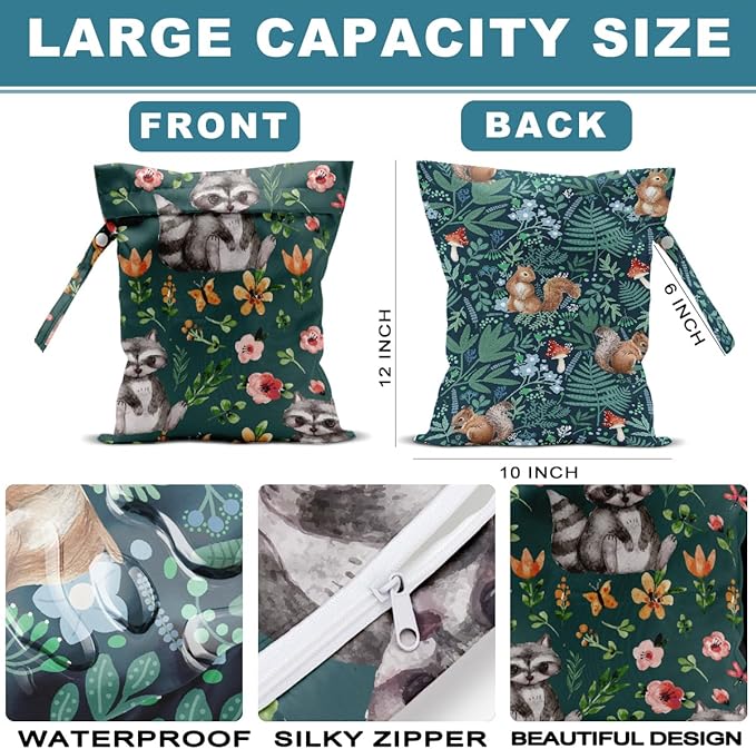 2Pcs Squirrel Wet Bag 12x10 Inch, Plants Waterproof Reusable Wet Dry Bag, Flowers Washable Travel Laundry Bags for Swimsuit Pool Beach Diapers Dirty Yoga Gym Clothes, Raccoon Gifts for Women Friend