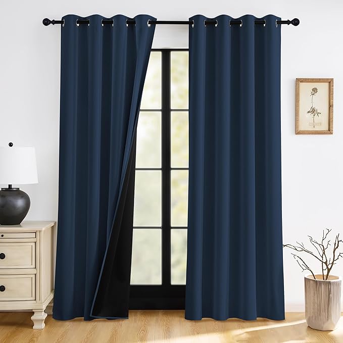 RYB HOME 100% Blackout Curtains 102 inches Long, Thermal Insulated Privacy Floor Length Long Window Curtains & Drapes for Living Room Sliding Door, Navy Blue, 2 Panels Set