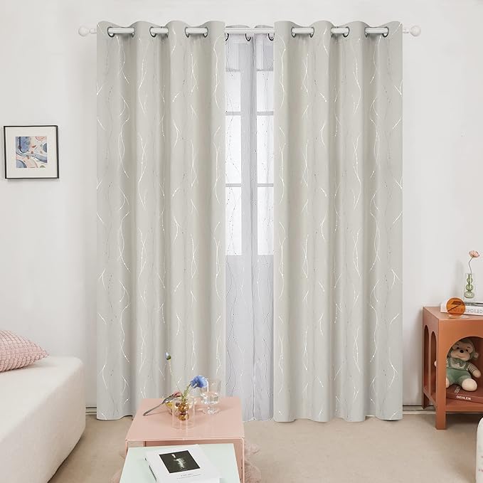 Deconovo Beige Curtains for Living Room, Thermal Insulated Soundproof Drapes with Wave Dots Silver Print, 42 x 84 Inch Long, Grommet Top, Set of 2 Window Panels for Living Room Bedroom Office Nursery