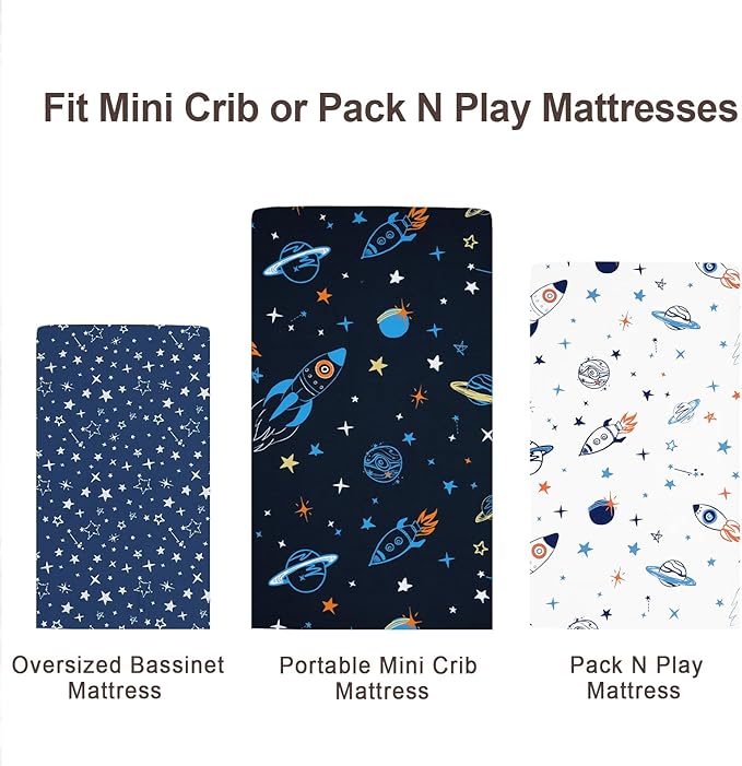 david's kids 3 Pack Mini Crib Sheets, Soft Breathable Premium Pack N Play Sheets for Baby Boys Girls Neutral, Playard and Mini Crib Mattresses, Space
