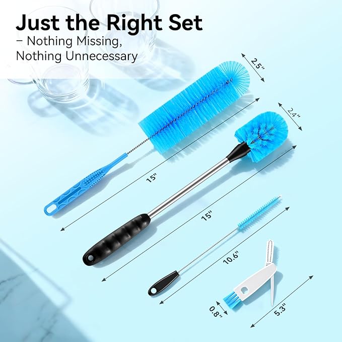 TOOUT Bottle Brush Set with Straw Cleaner Brush and 3 in 1 Cup Lid Cleaning Brush, Water Bottle Cleaner with Long Handle for Cleaning Narrow Neck Beer, Cup, Wine Glasses, Tumblers, Baby Bottles