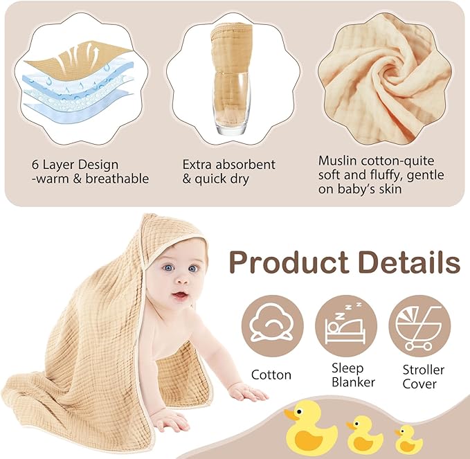 Peryiter 4 Pcs Muslin Hooded Baby Towels 32x32inch Cotton Newborn Bath Essentials Muslin Infant Blankets Absorbent Registry Baby Shower Present for Babies Girl Boy Kids (Green)