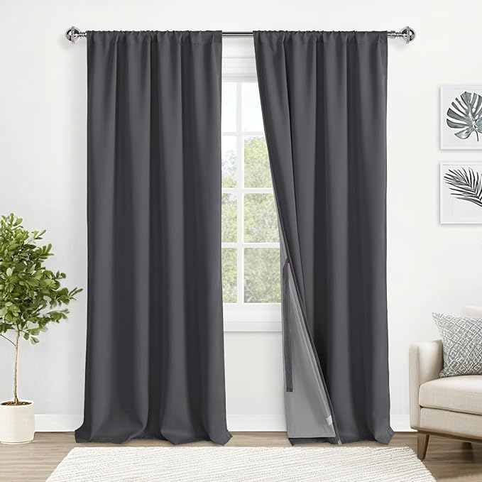 XWZO 100% Blackout Curtains 95 Inches Long with Tiebacks- Rod Pocket/Back Tab Privacy Protection Noise Blocking Window Drapes with Black Liner for Bedroom/Living Room, Dark Grey, W52 x L95, Set of 2