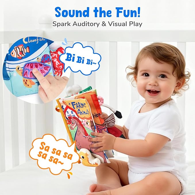 JoyCat 2-Pack Baby Cloth Books 0-6-12 Months - Farm & Ocean Infant Sensory Toys - Tummy Time Mirror & Montessori Developmental Learning - Valentine & Easter Basket Stuffers Gift Set