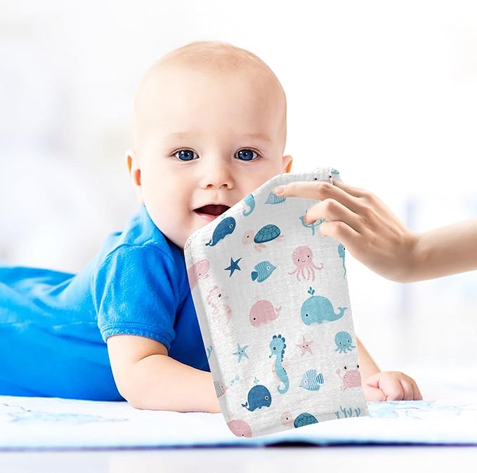 vvfelixl Baby Muslin Washcloths, Cute Sea Life Burp Cloths, Cotton Face Towel for Newborn Infants Boys Girls Soft and Absorbent 11.8 X 11.8 in, 3 Pack