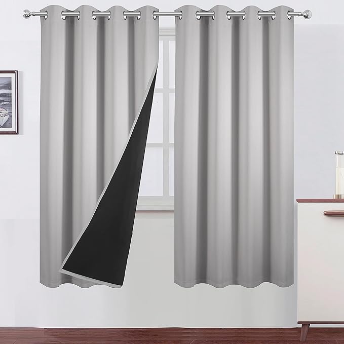 LEMOMO 100% Blackout Curtains 52 x 72 Inch/Light Grey Curtains 2 Panels with Black Lining Room Darkening Thermal Insulated Bedroom Curtains