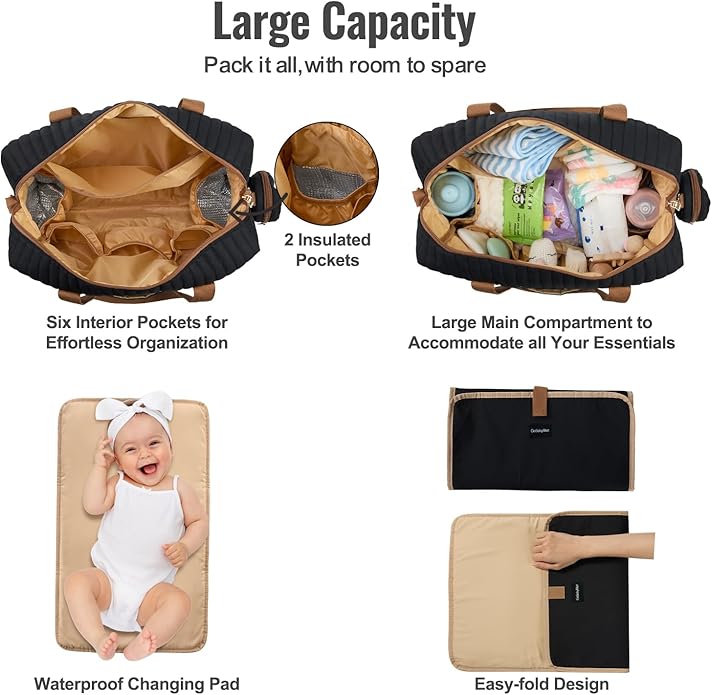 Diaper Bag Tote for Moms, Baby Hospital Bag with Insulated Bottle Pockets, Changing Pad & Stroller Straps