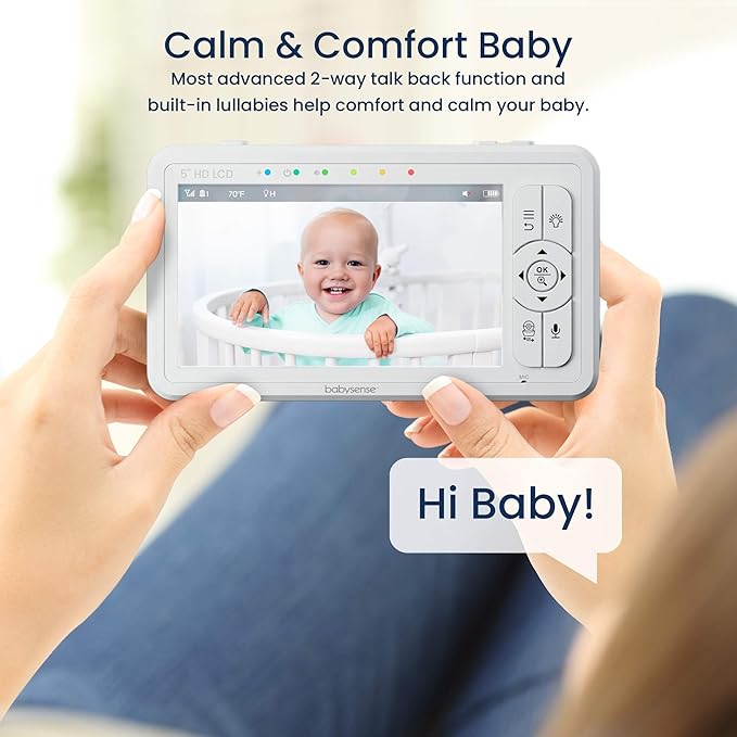 Babysense HD 5" Video Baby Monitor with Camera and Audio, No WiFi/App, Secure Closed-Loop, Night Vision, Pan-Tilt-Zoom, VOX Audio Alerts, White Noise & Lullabies, Up to 1000 ft Range, 20-Hour Battery