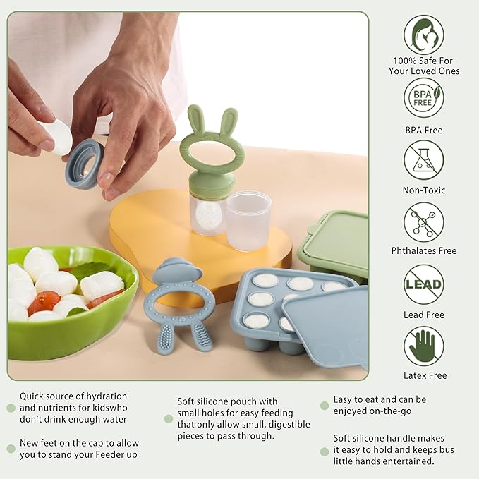 WAJIAYON Easter Bunny Baby Breastmilk Popsicle Molds & Baby Fruit Feeder,Infant Food Freezer Tray Storage Containers, Silicone Teething Pacifier Feeder and Teether for Babies,Silicone Feeder
