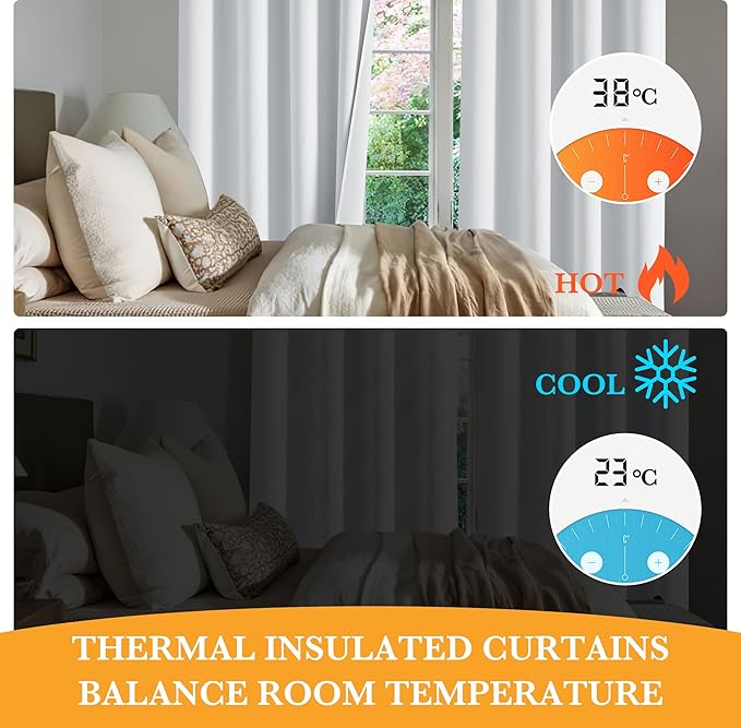 RYB HOME 100% Blackout White Curtains for Bedroom, Thermal Insulated Total Room Darkening Noise Reducing Curtains for Living Room Nursery, 52 inches Wide by 96 inches Long, 2 Panels Set