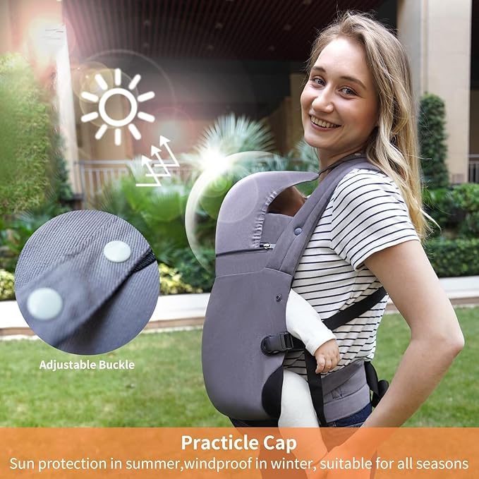Baby Carrier, Baby Carrier Newborn to Toddler, Ergonomic, Cozy and Lightweight Infant Carrier for 7-44lbs, Toddler Carrier Ideal for Hands-Free Parenting with Zipper Pouch, Bottle Bag, Windproof Cover
