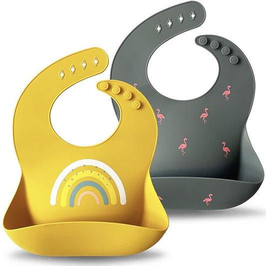 Moonkie Silicone Baby Bibs Set of 2, BPA Free Waterproof Baby Bibs for Eating, Soft Adjustable Silicone Bibs for Babies 6-12 Months, Toddler Bibs with Large Pocket Food Catcher (Dark Grey/Kodak)