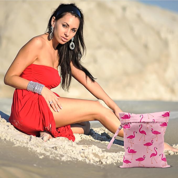 Pink Flamingo Wet Bags 12x10 Inch, Flamingos Seamless Pattern Waterproof Travel Laundry Bags, Reusable Wet Dry Bag for Swimsuit Pool Beach Diapers Dirty Yoga Gym Clothes, Flamingo Gifts for Women