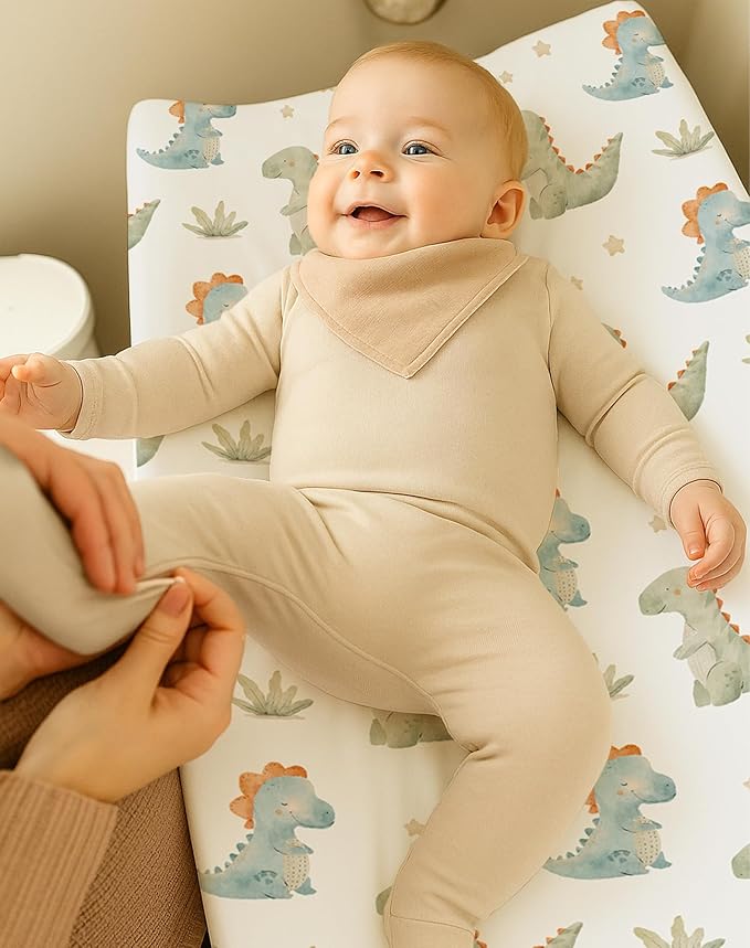 Changing Pad Cover for Baby Boys Girls 2 Pack, Fits Standard 32”×16” Changing Table Pads, Silky Breathable Stretch Knit, Machine Washable (Tiny Dinos)