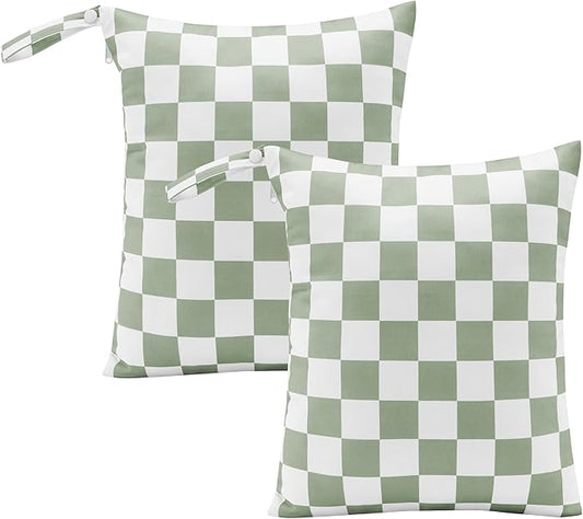 Sage Green Checkered Waterproof Wet Dy Diaper Bag for Baby Essentials, Travel, Swimsuit, Beach Bag Accessories, Aesthetic Trendy Cute Toddler Baby Cloth Bag Pouch, Pack of 2