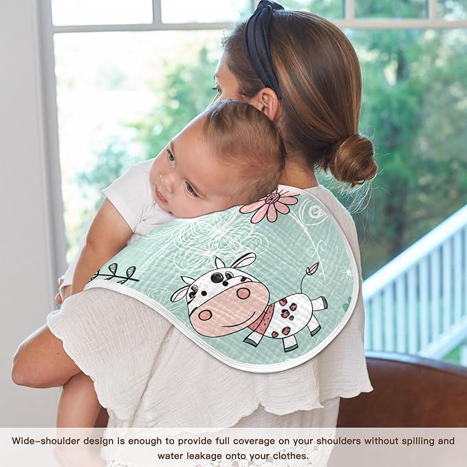 Kigai Cow Muslin Baby Burp Cloths, Large Absorbent Cotton Muslin Burp Cloths Set of 2, Washcloths, Face Towel, Bibs for Newborn Boys Girls, 11 x22 Inch
