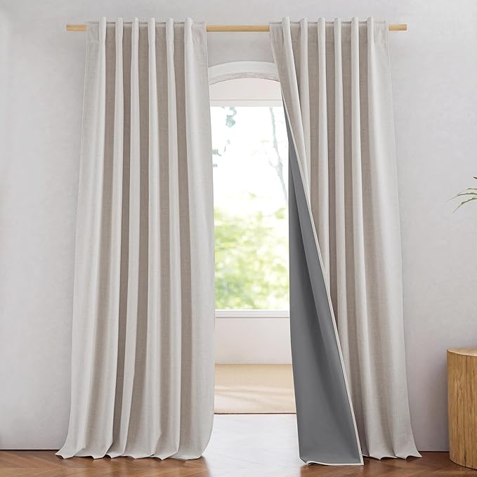 NICETOWN Brich Vintage Open Linen Weave Flax Thermal Curtains, 100% Blackout Curtains 84 inches Long for Dining Room, 52" Wide Per Panel, Set of 2, Soundproof Window Treatment Drapes for Hall Room