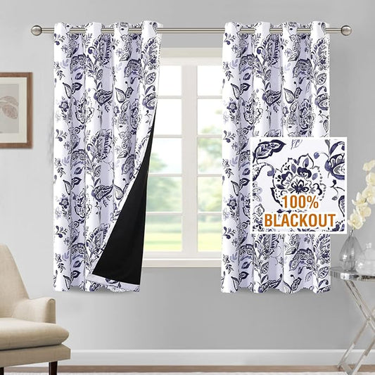 H.VERSAILTEX 100% Blackout Curtains for Bedroom Paisley Floral Printed Curtains 63 Inches Long Grommet Curtains & Drapes Thermal Curtains Window Treatments with Black Liner 2 Panels, Navy