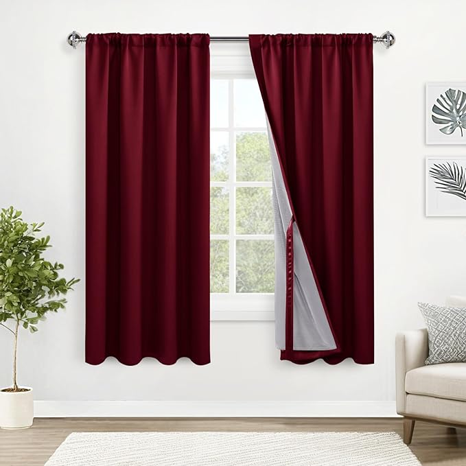 XWZO Full Shading Blackout Curtains 63 Inches Length - Heat and Light Blocking Rod Pocket & Back Tab Window Drapes with Black Liner Backing for Bedroom with Tiebacks, Burgundy, W52 x L63, Set of 2