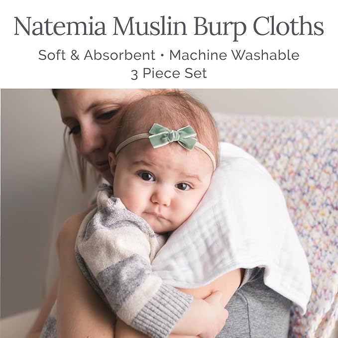Natemia Ultra Soft Muslin Burp Cloths – Large, Super Absorbent Baby Burp Cloths for Newborn Spit Up - Machine Washable for Drool and Messes Essentials for Boys & Girls, 3 Pack